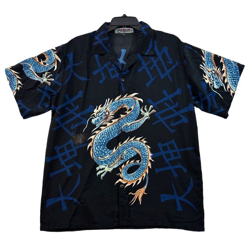 Dragon Shirt Size S Button Up Blue Short Sleeve Graphic Casual Dress‎ By Reliq